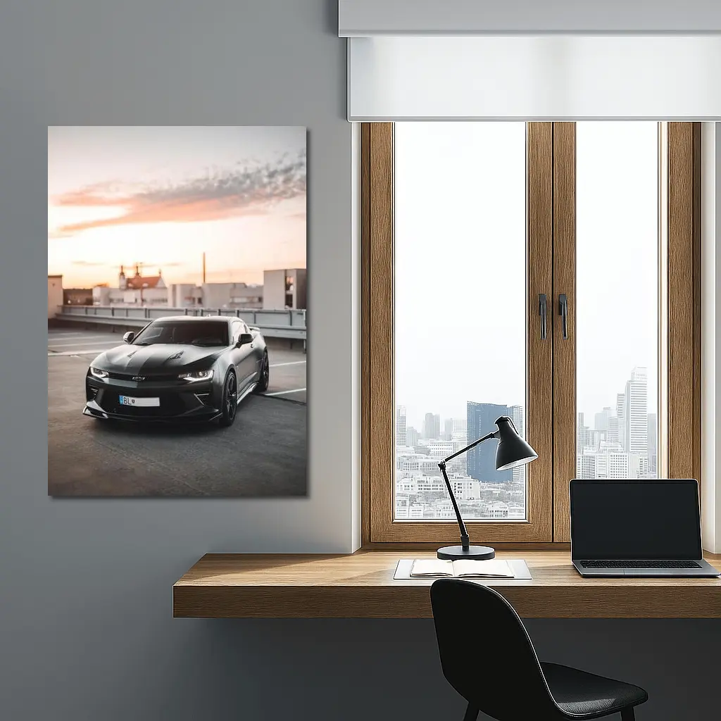 Black Chevrolet Camaro Rooftop Sunset Parking – Wall Art