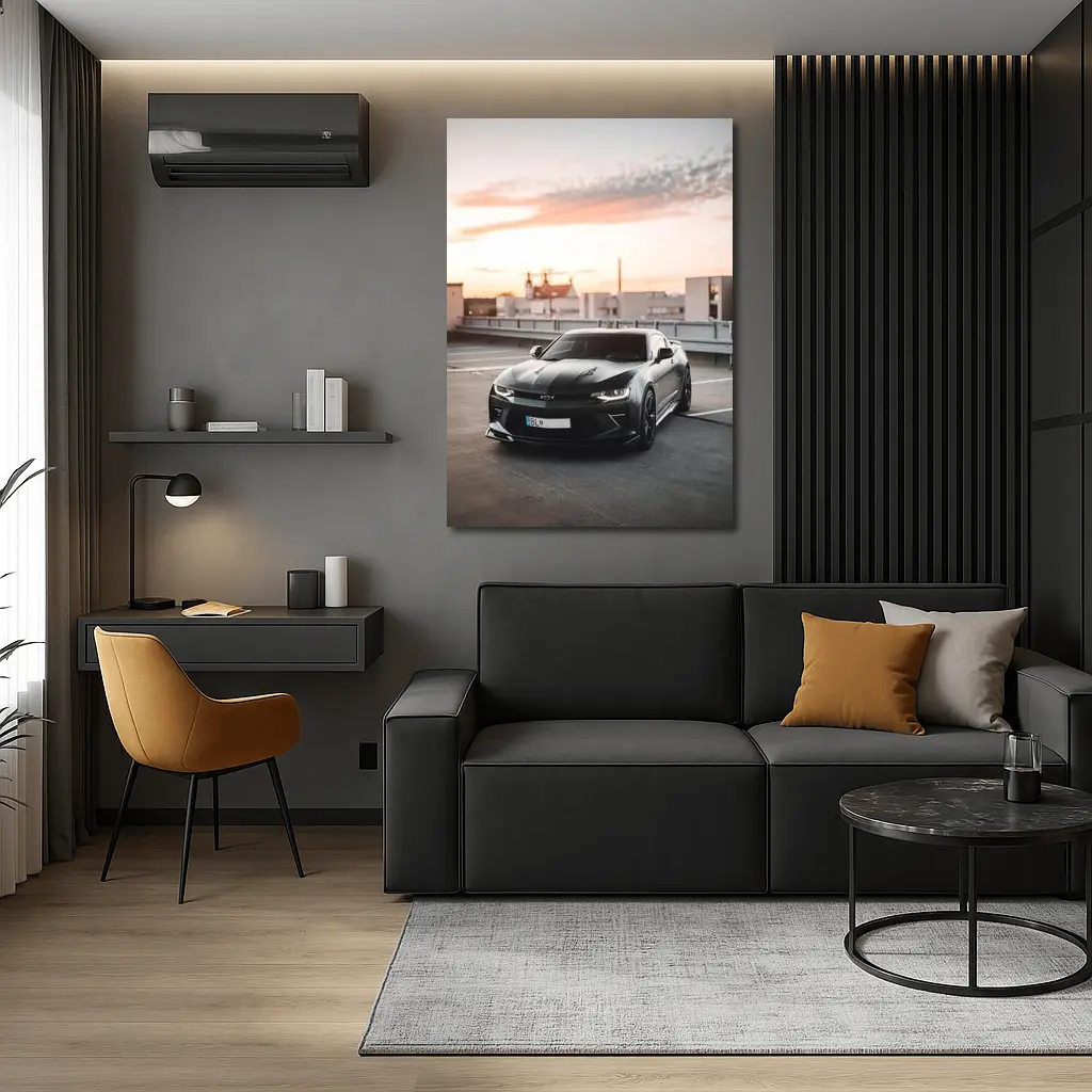 Black Chevrolet Camaro Rooftop Sunset Parking – Wall Art