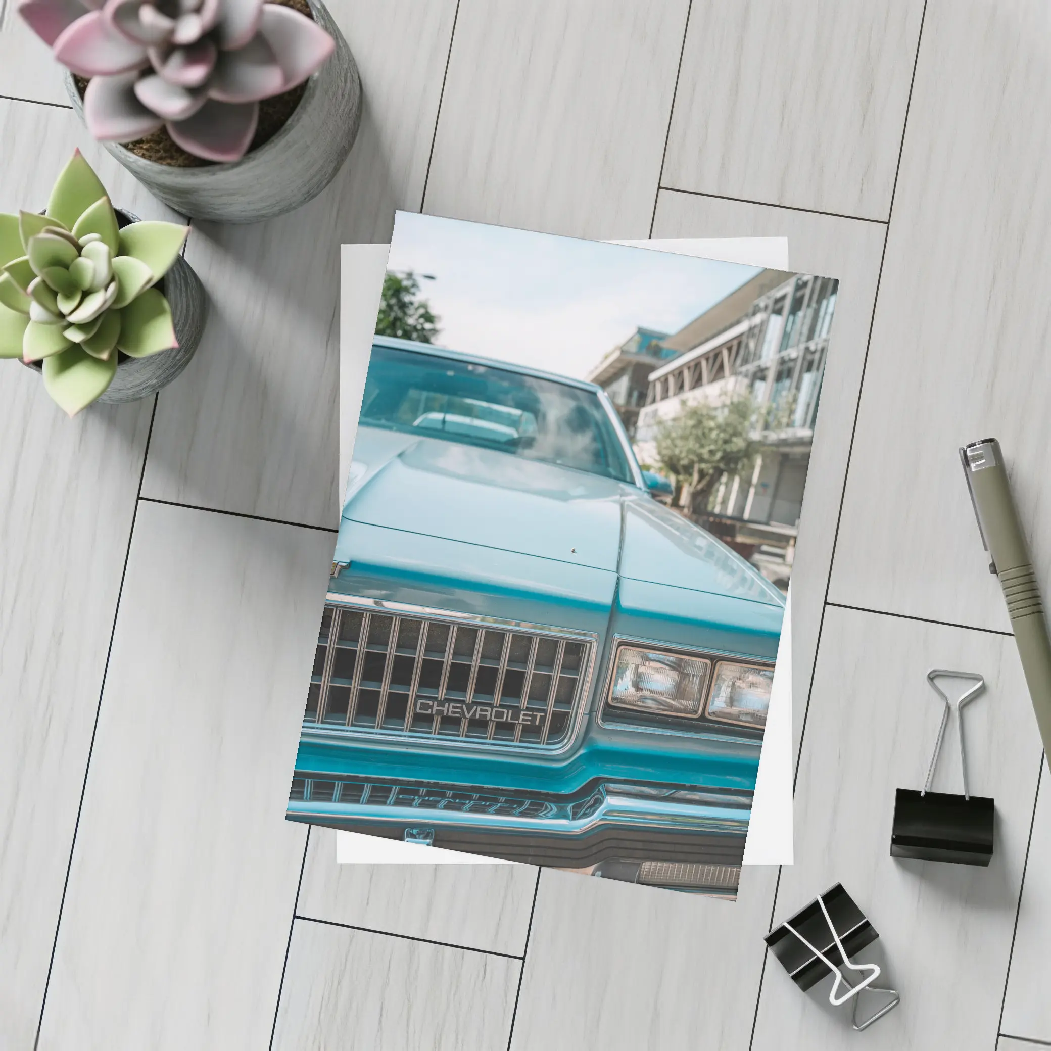 Classic Chevrolet Blue Hood Street Scene – Postcards