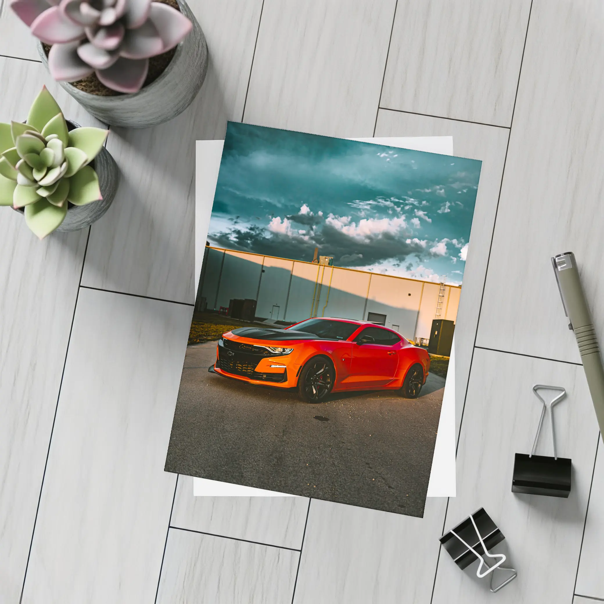 Chevrolet Camaro Orange Muscle Car Stormy Sky – Postcards