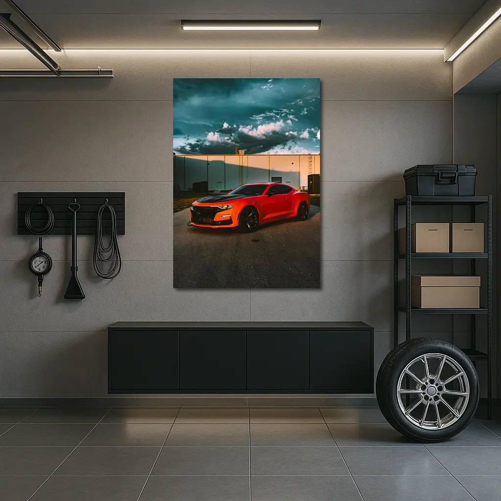 Chevrolet Camaro Orange Muscle Car Stormy Sky – Wall Art