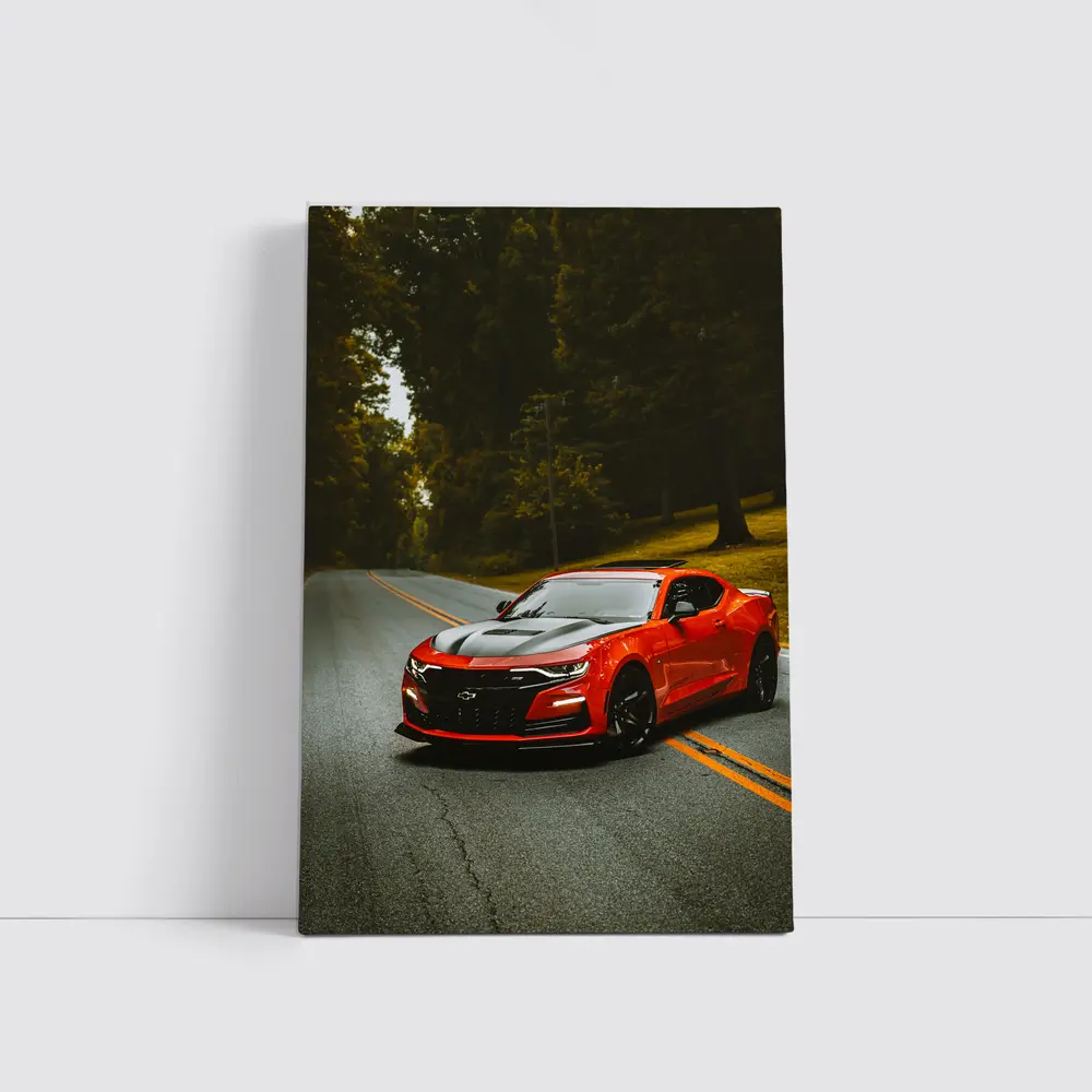 Red Chevrolet Camaro On Forest Road – Wall Art