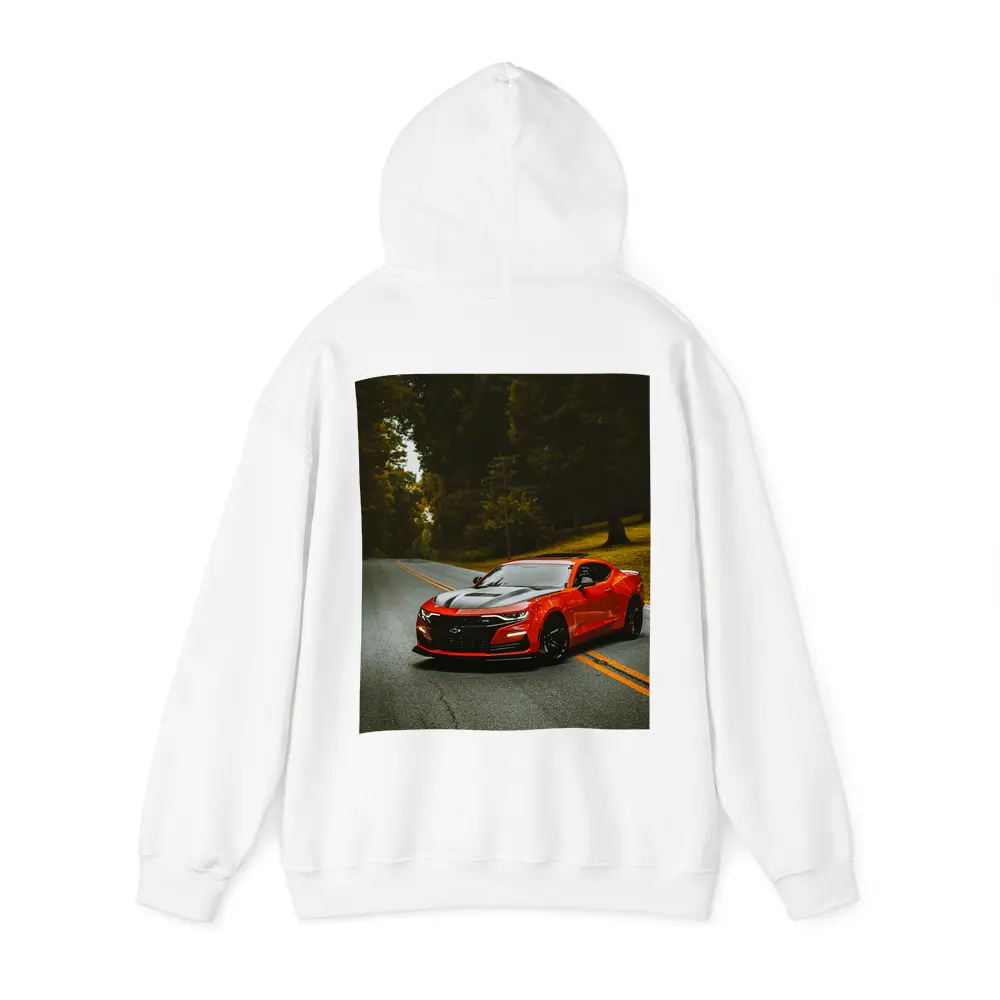 Red Chevrolet Camaro On Forest Road – Hoodies