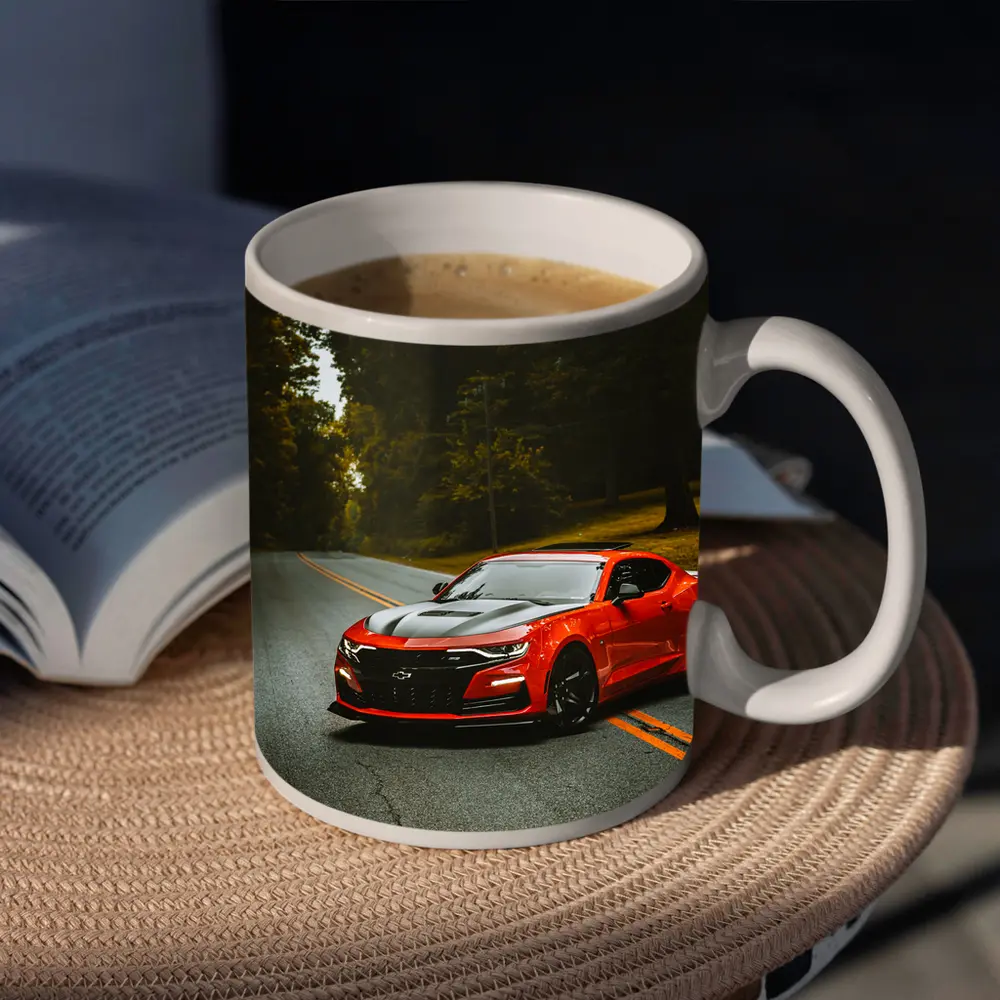 Red Chevrolet Camaro On Forest Road – Mugs