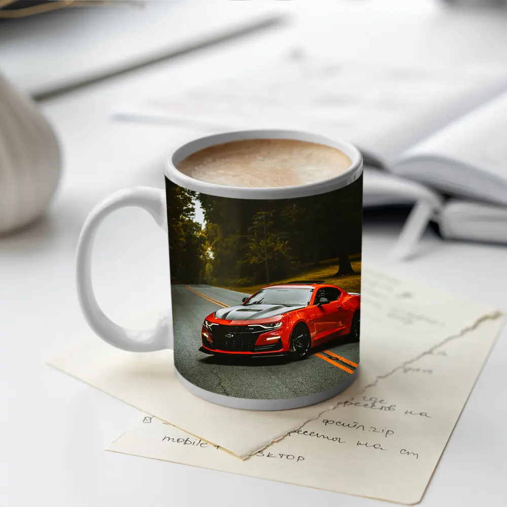 Red Chevrolet Camaro On Forest Road – Mugs