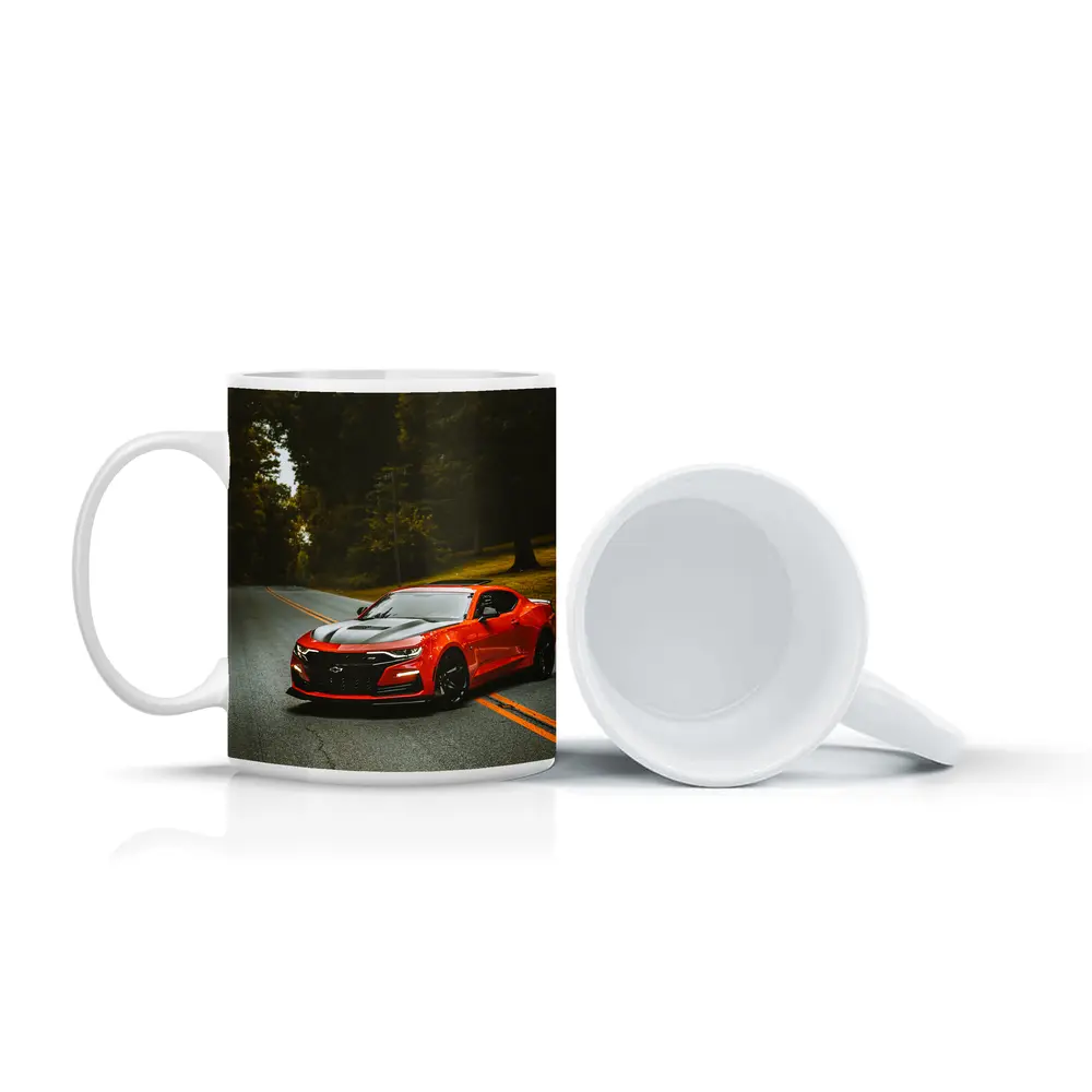 Red Chevrolet Camaro On Forest Road – Mugs