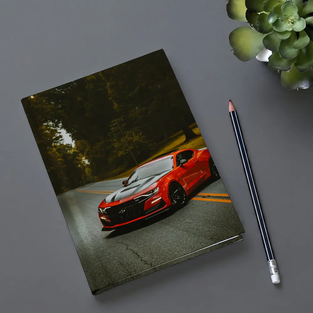 Red Chevrolet Camaro On Forest Road – Notebooks