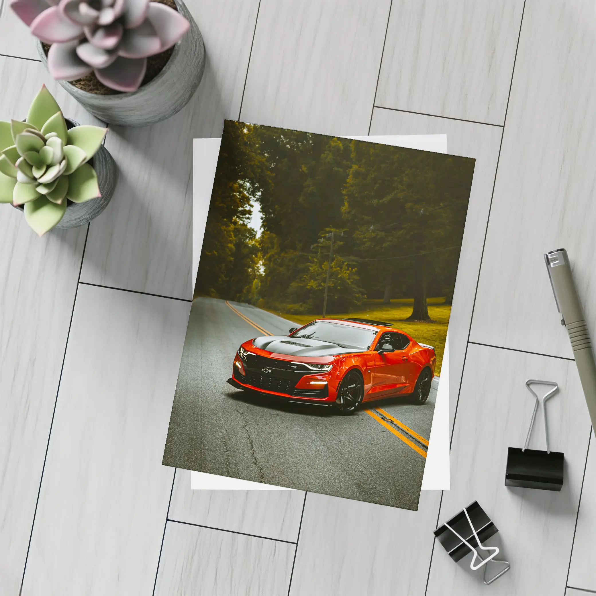 Red Chevrolet Camaro On Forest Road – Postcards