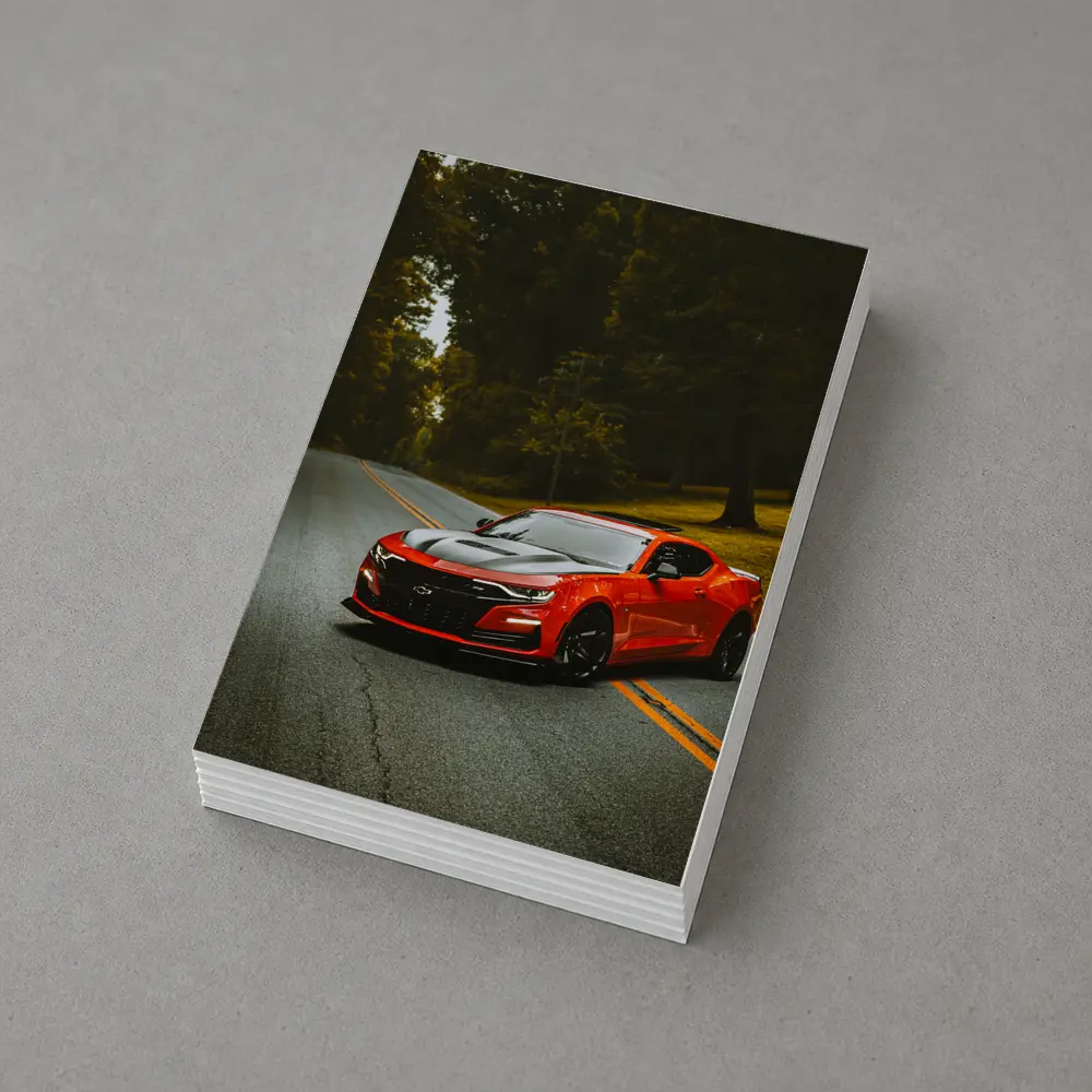 Red Chevrolet Camaro On Forest Road – Postcards