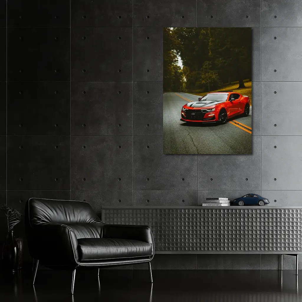 Red Chevrolet Camaro On Forest Road – Wall Art