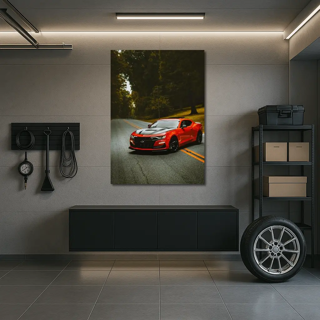Red Chevrolet Camaro On Forest Road – Wall Art