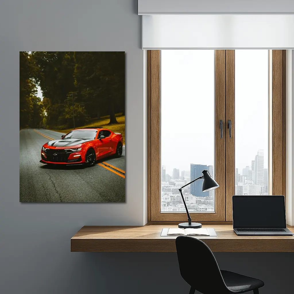 Red Chevrolet Camaro On Forest Road – Wall Art