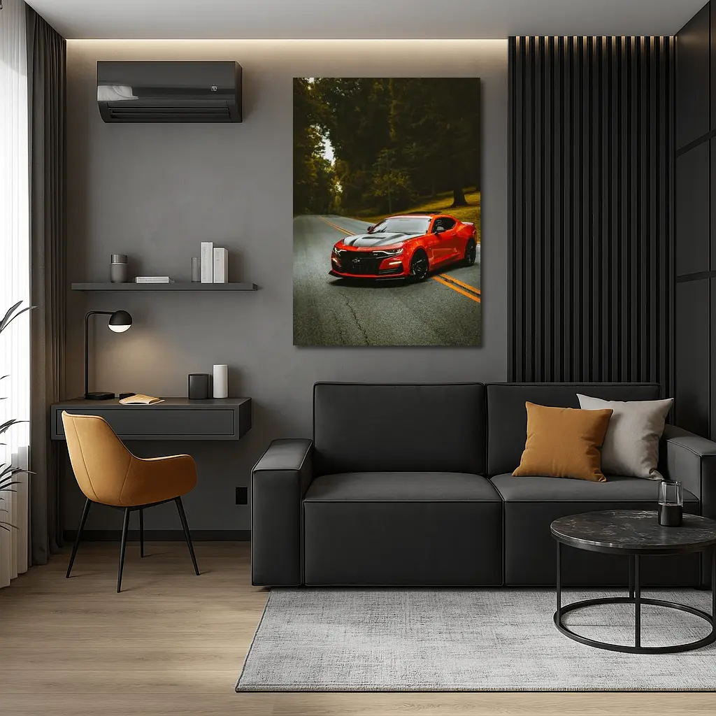 Red Chevrolet Camaro On Forest Road – Wall Art