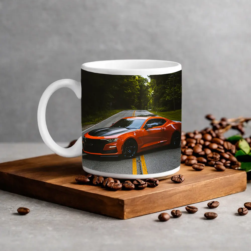 Chevrolet Camaro Orange Muscle Car Forest Road – Mugs