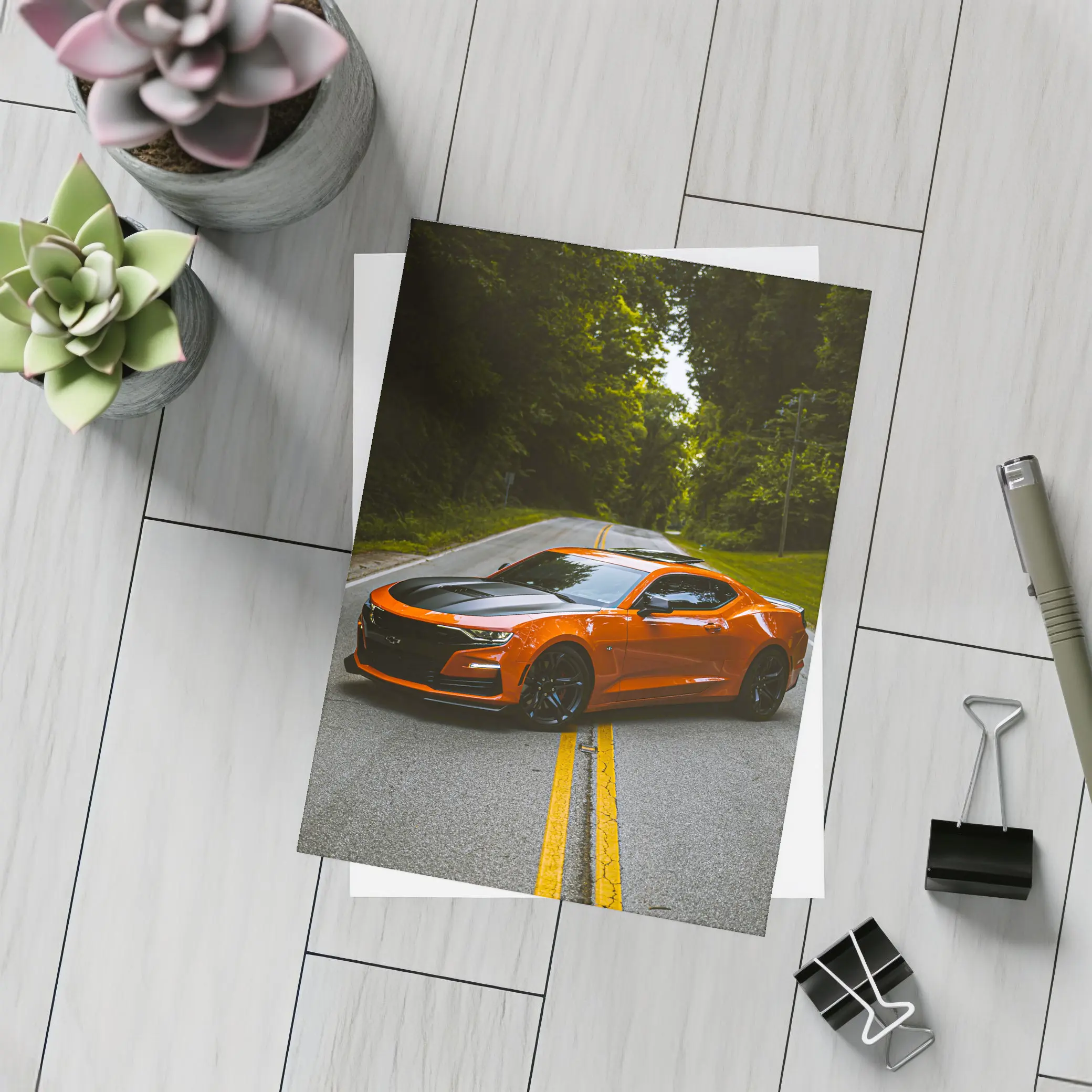 Chevrolet Camaro Orange Muscle Car Forest Road – Postcards