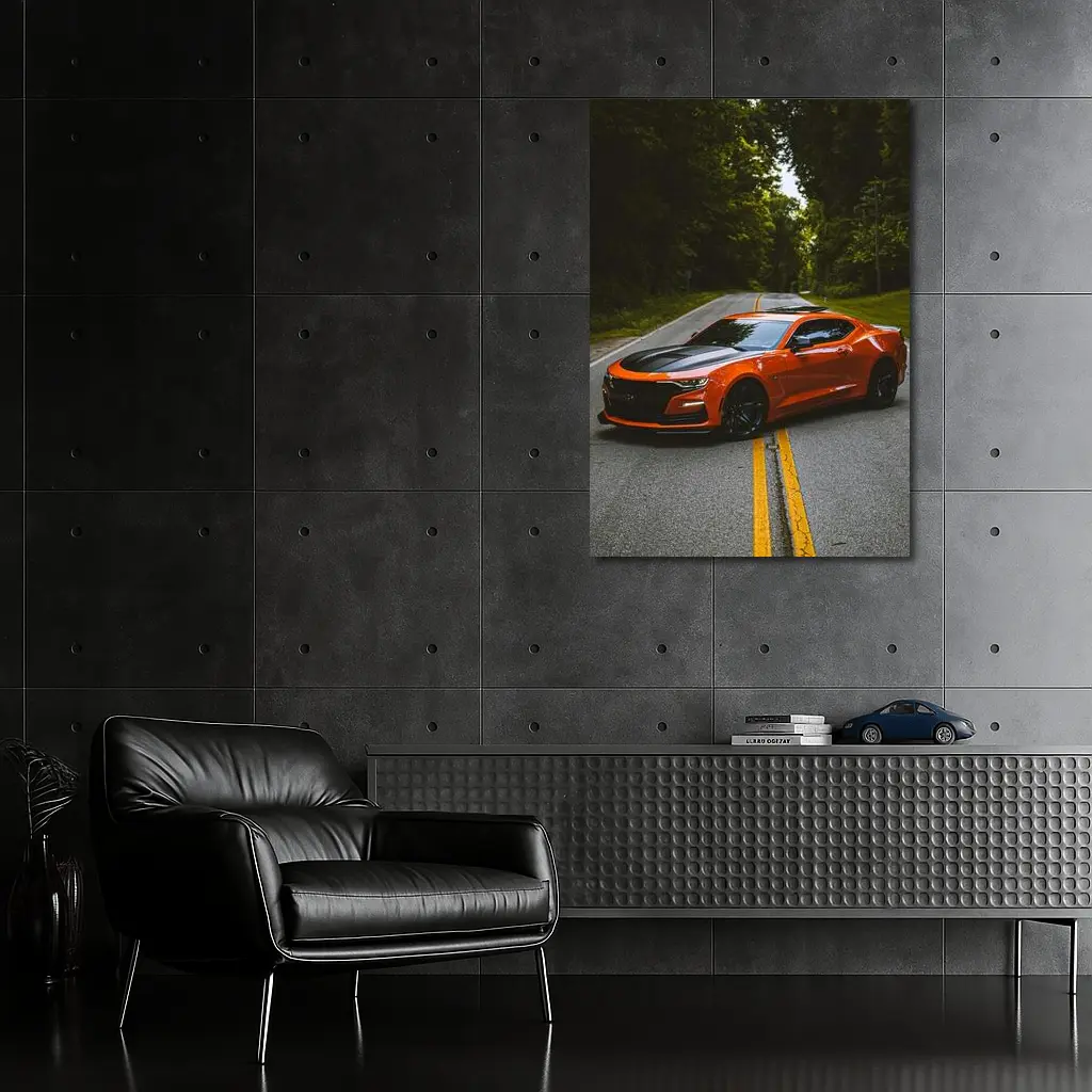 Chevrolet Camaro Orange Muscle Car Forest Road – Wall Art