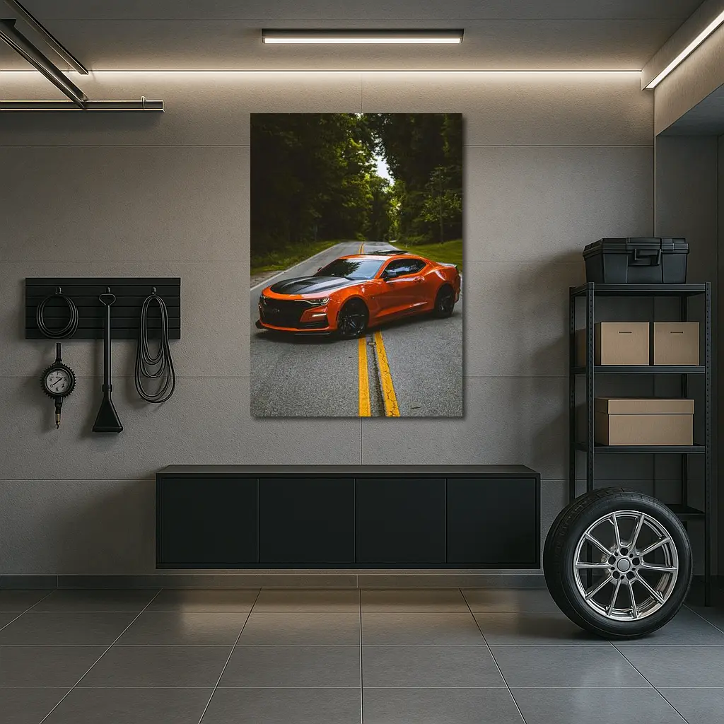 Chevrolet Camaro Orange Muscle Car Forest Road – Wall Art