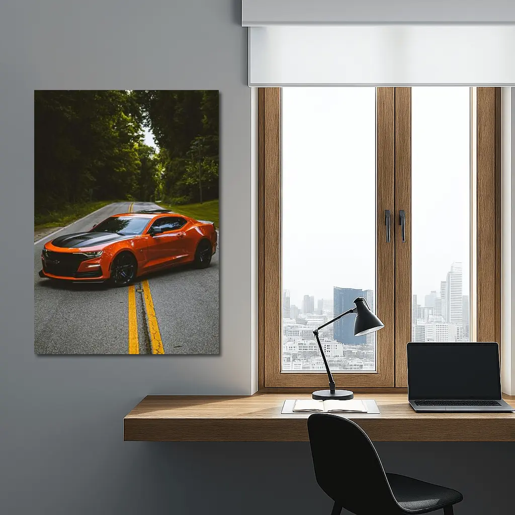 Chevrolet Camaro Orange Muscle Car Forest Road – Wall Art