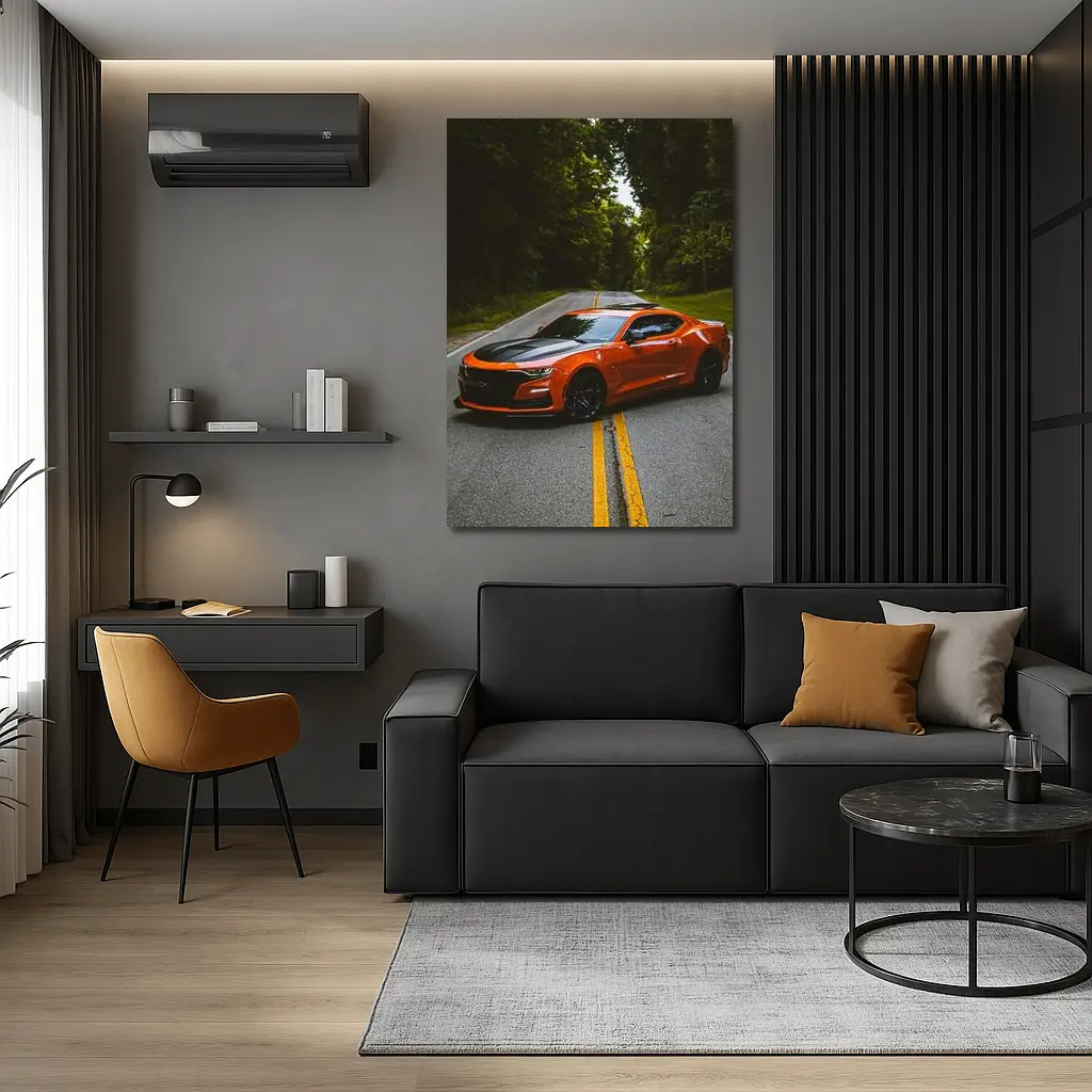 Chevrolet Camaro Orange Muscle Car Forest Road – Wall Art