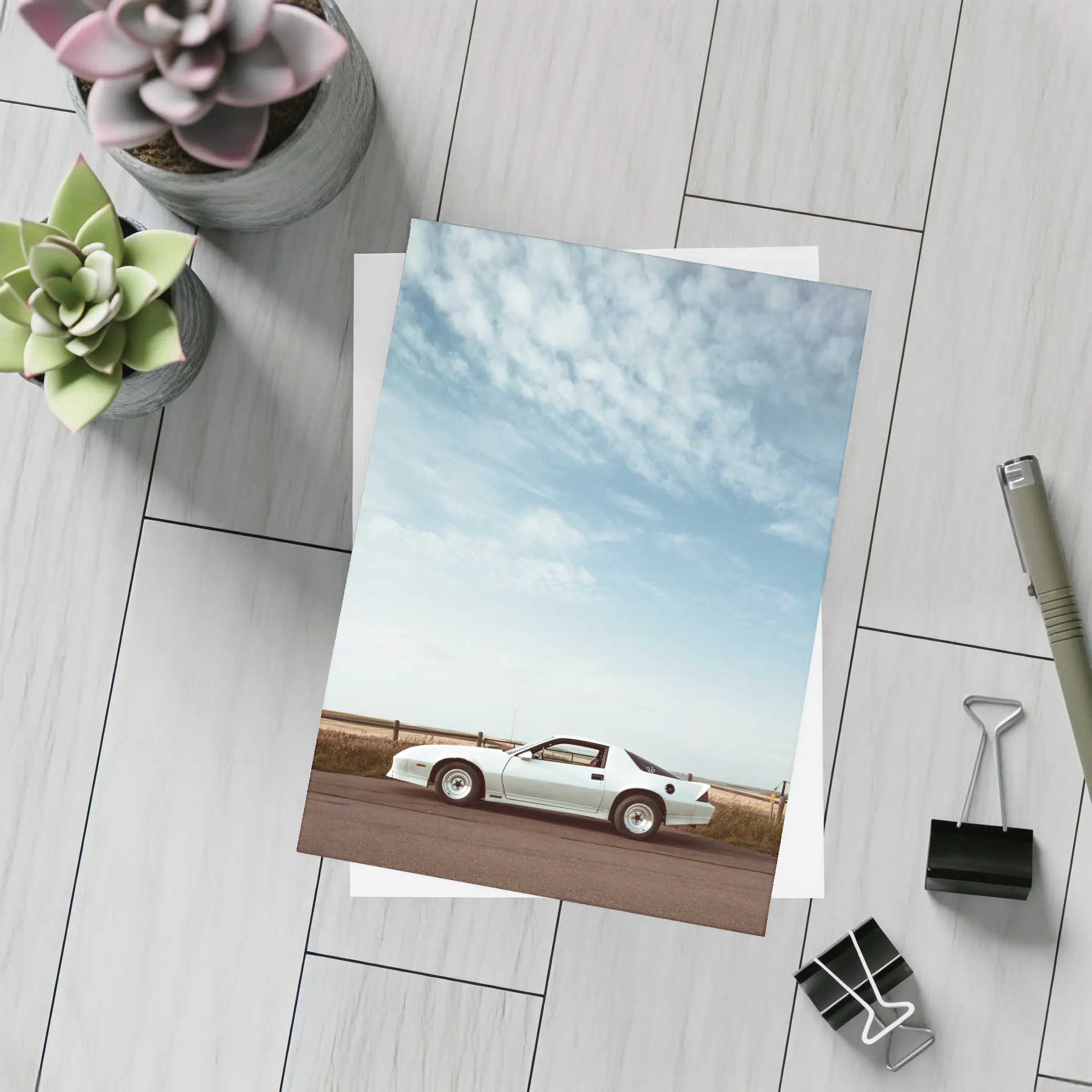 Chevrolet Camaro White Classic Under Open Sky – Postcards