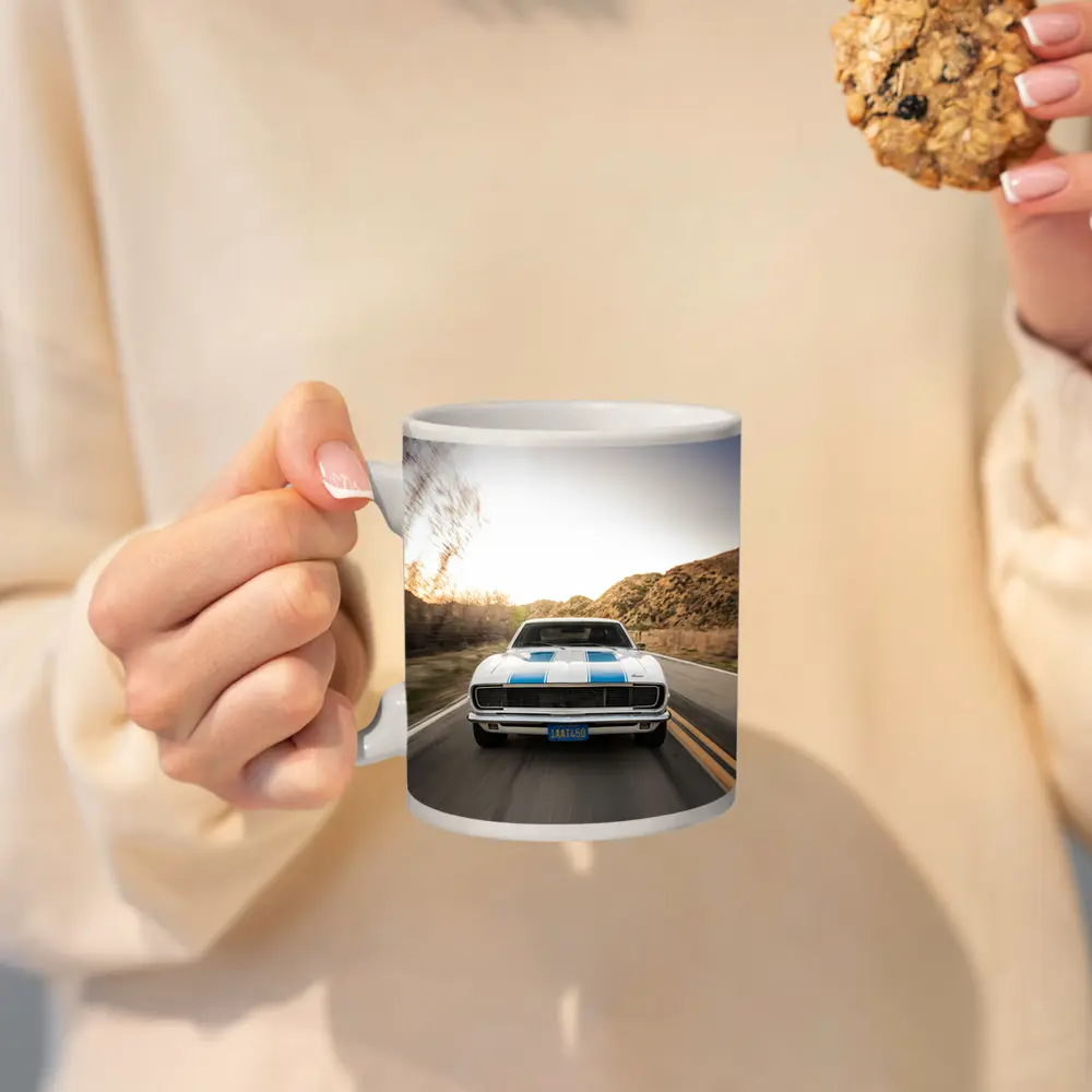 Chevrolet Camaro White Blue Stripes Desert Road – Mugs