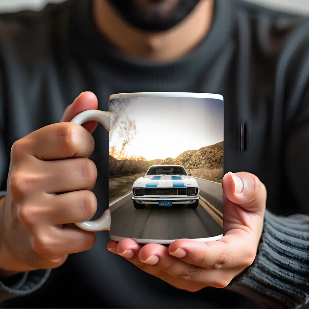 Chevrolet Camaro White Blue Stripes Desert Road – Mugs