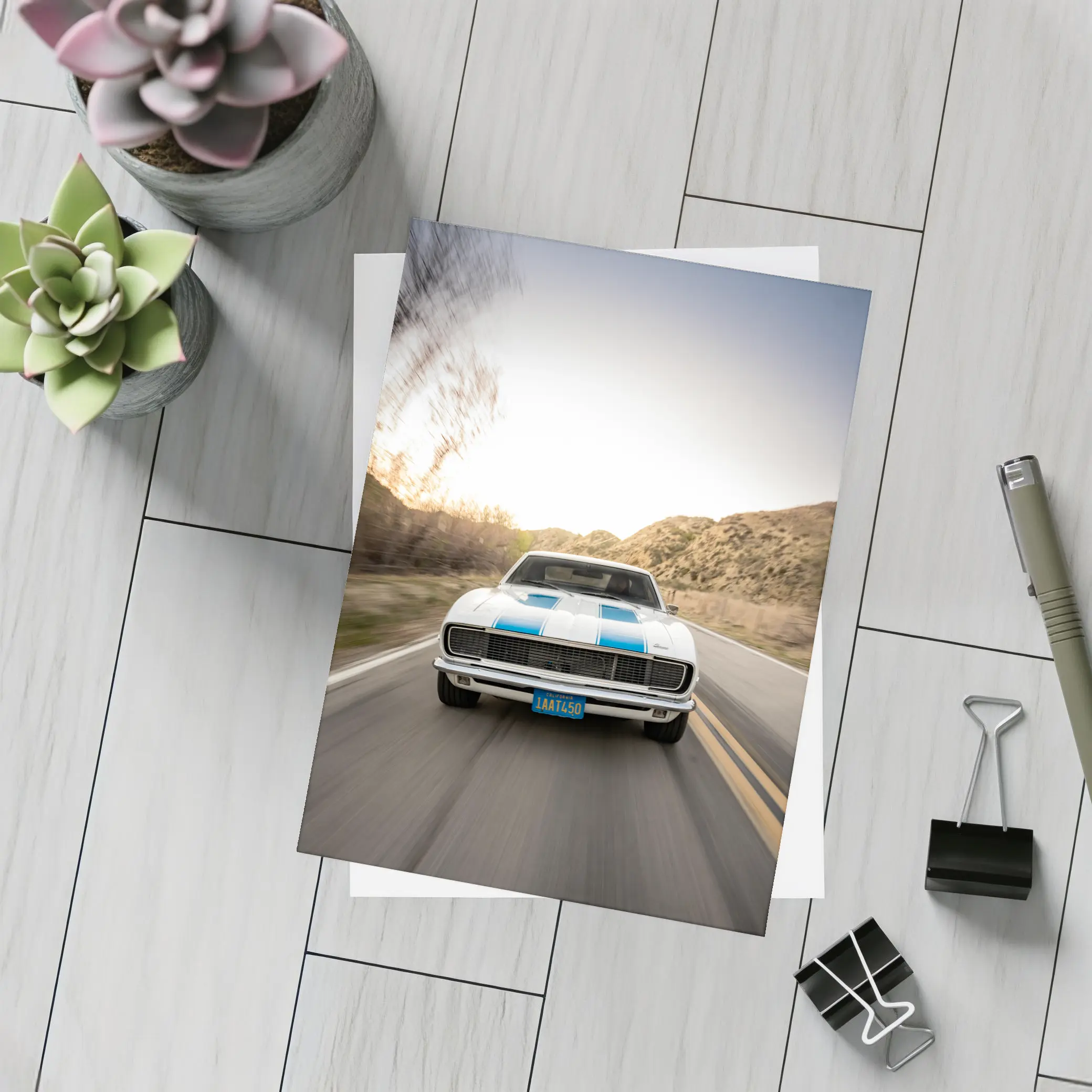Chevrolet Camaro White Blue Stripes Desert Road – Postcards
