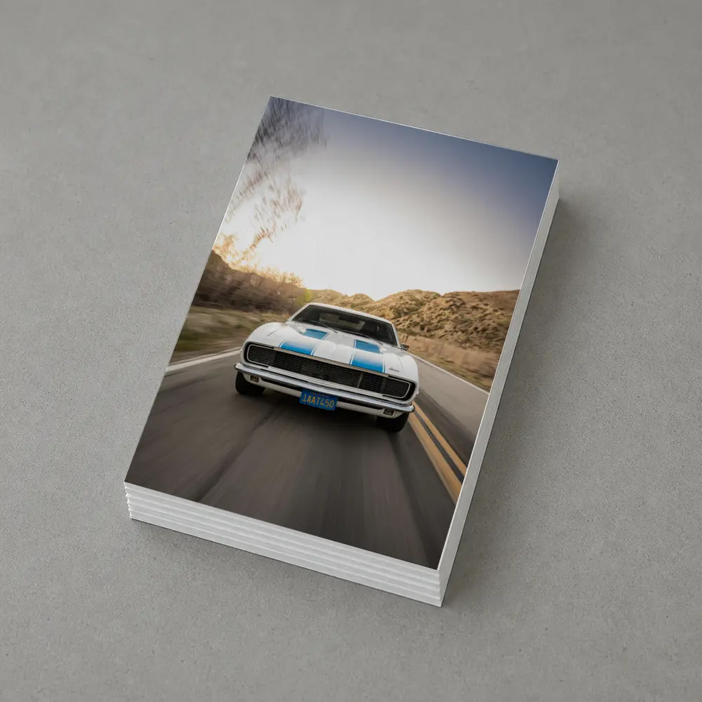 Chevrolet Camaro White Blue Stripes Desert Road – Postcards