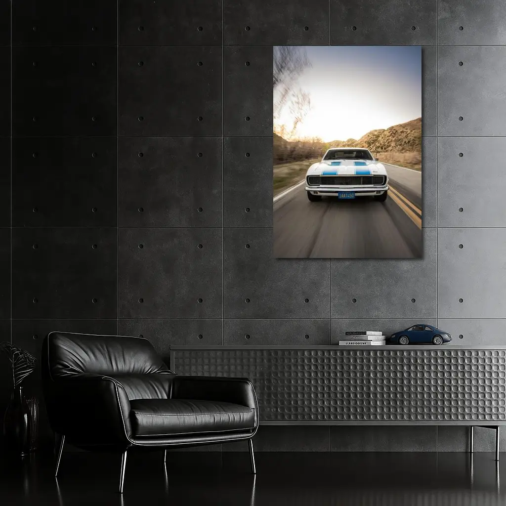 Chevrolet Camaro White Blue Stripes Desert Road – Wall Art