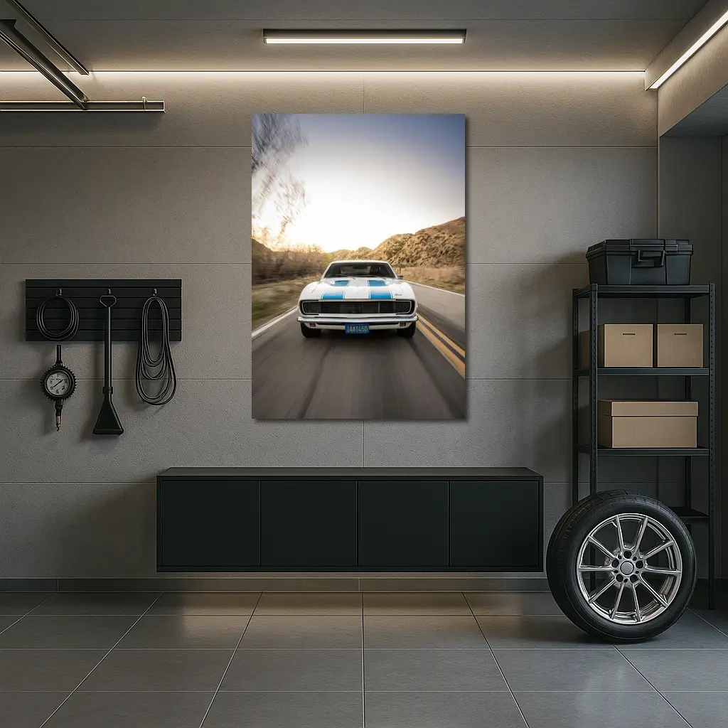 Chevrolet Camaro White Blue Stripes Desert Road – Wall Art