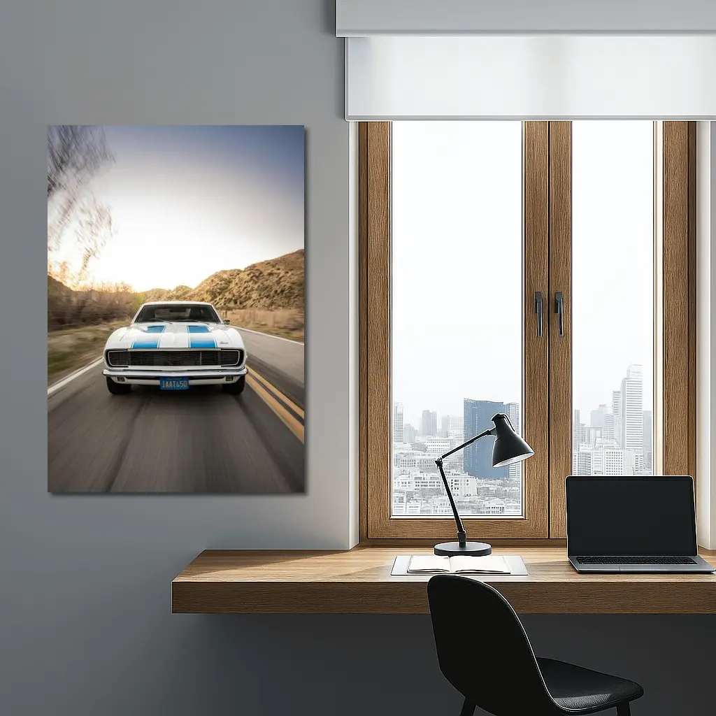 Chevrolet Camaro White Blue Stripes Desert Road – Wall Art