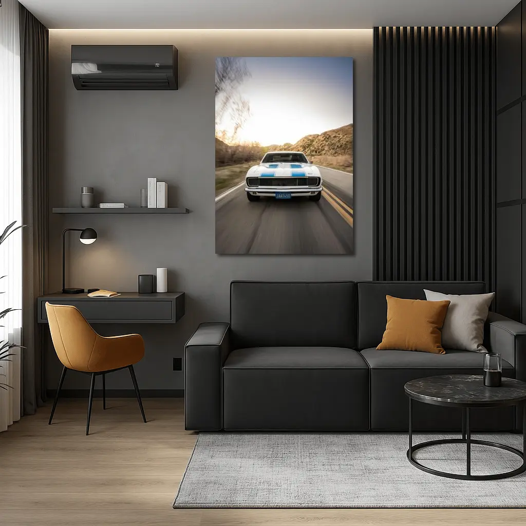 Chevrolet Camaro White Blue Stripes Desert Road – Wall Art
