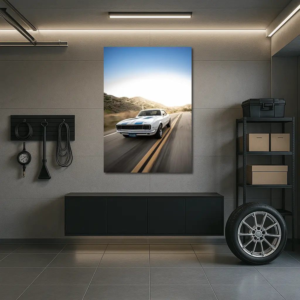 Chevrolet Camaro White Muscle Car Open Road – Wall Art