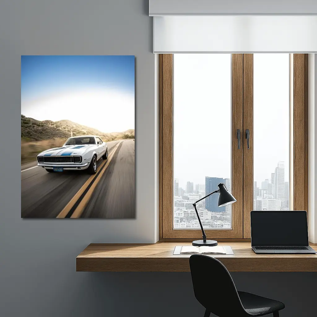 Chevrolet Camaro White Muscle Car Open Road – Wall Art