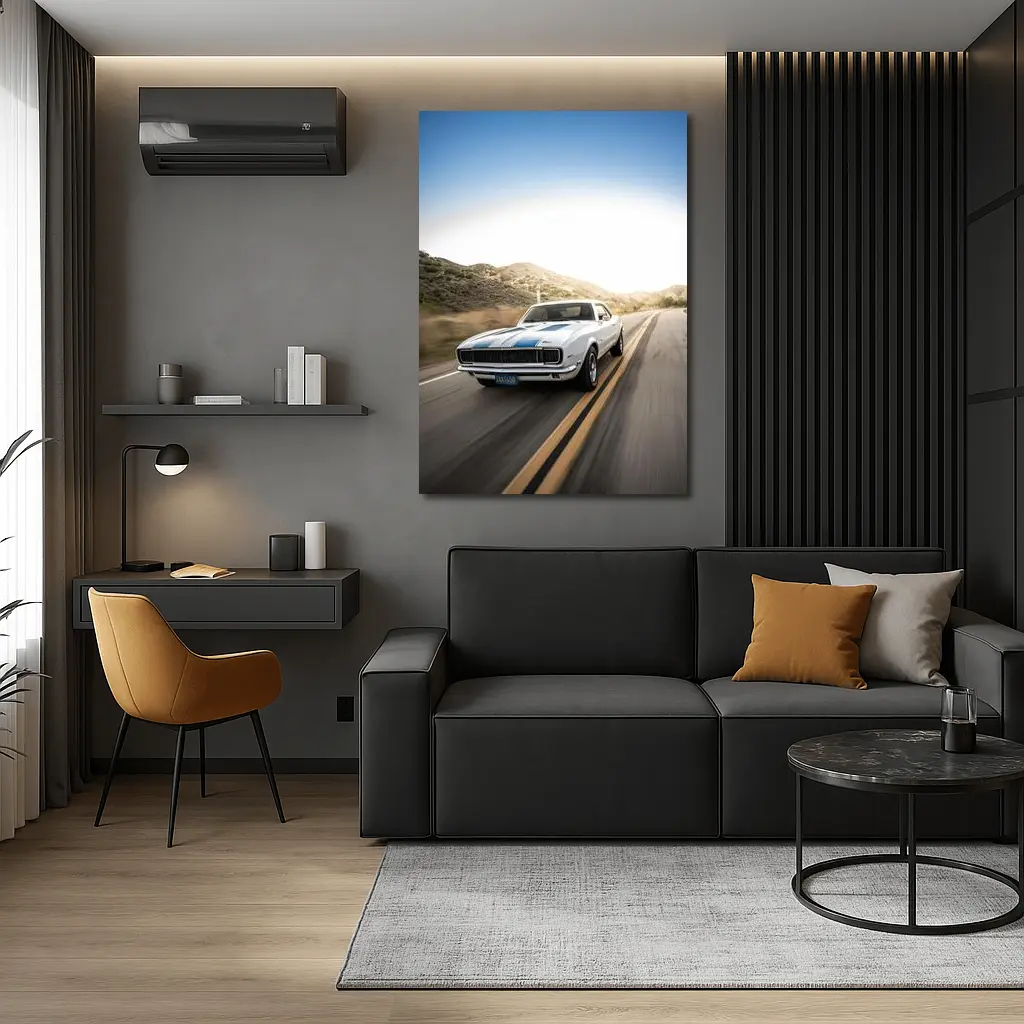 Chevrolet Camaro White Muscle Car Open Road – Wall Art