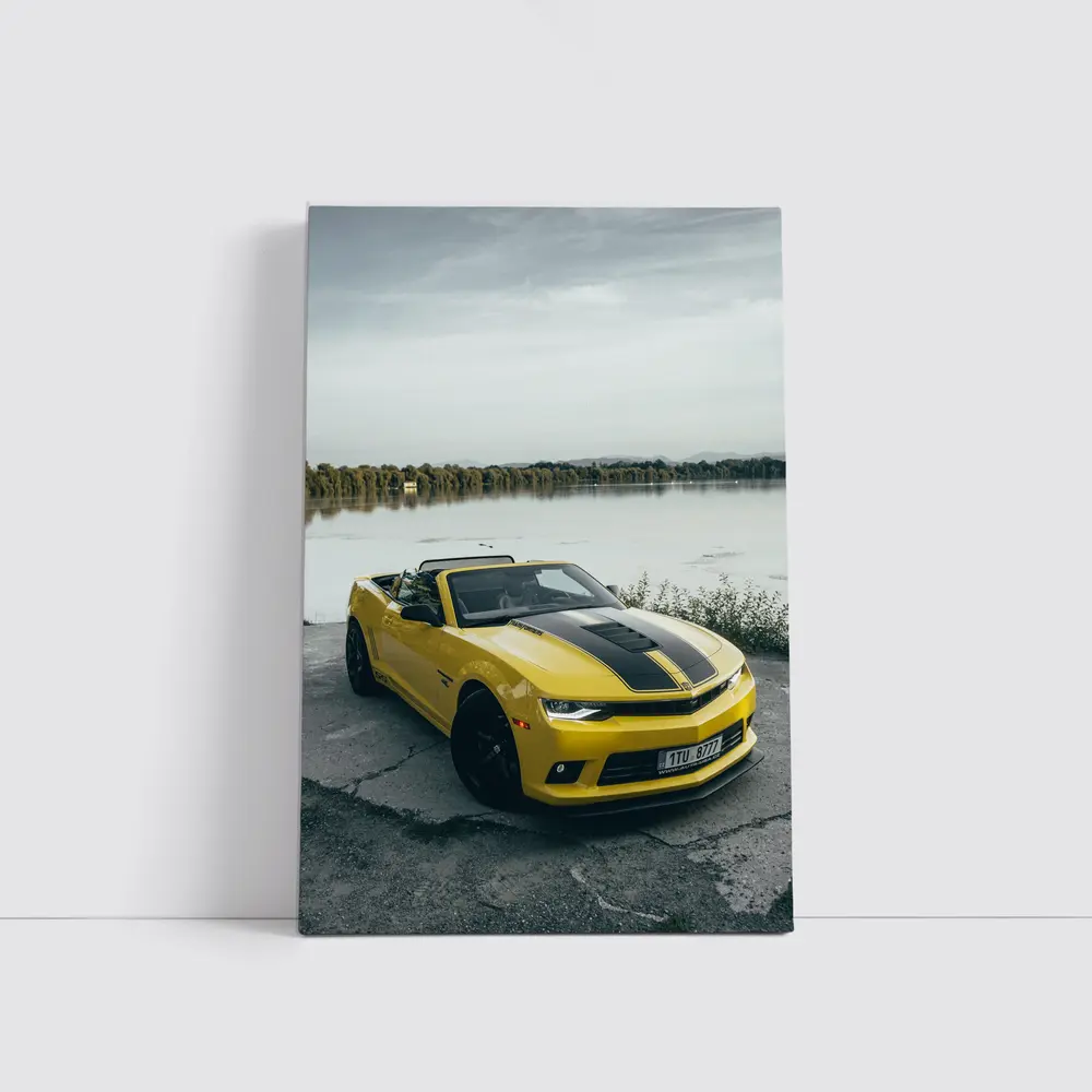 Yellow Chevrolet Camaro Convertible By Lake – Wall Art
