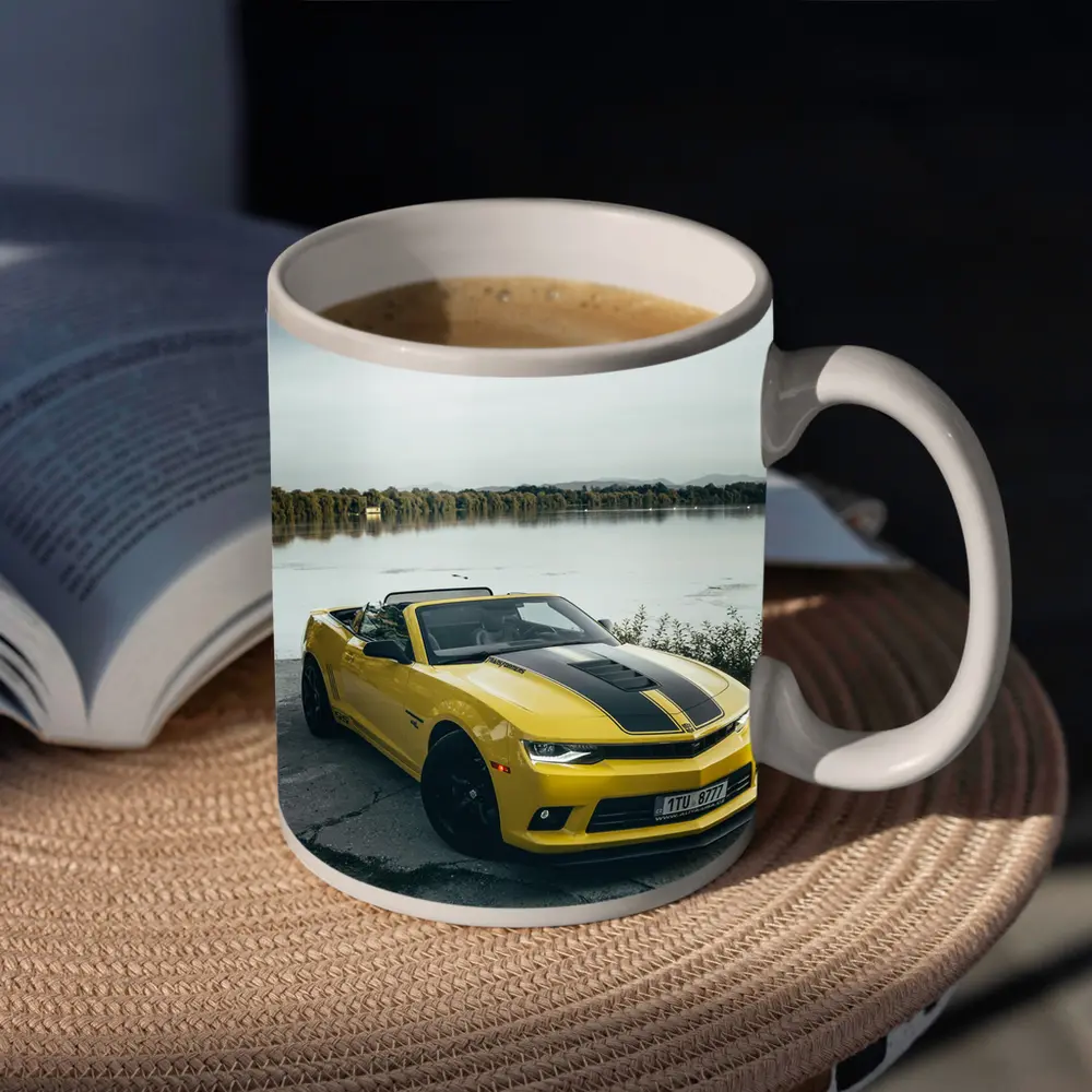 Yellow Chevrolet Camaro Convertible By Lake – Mugs