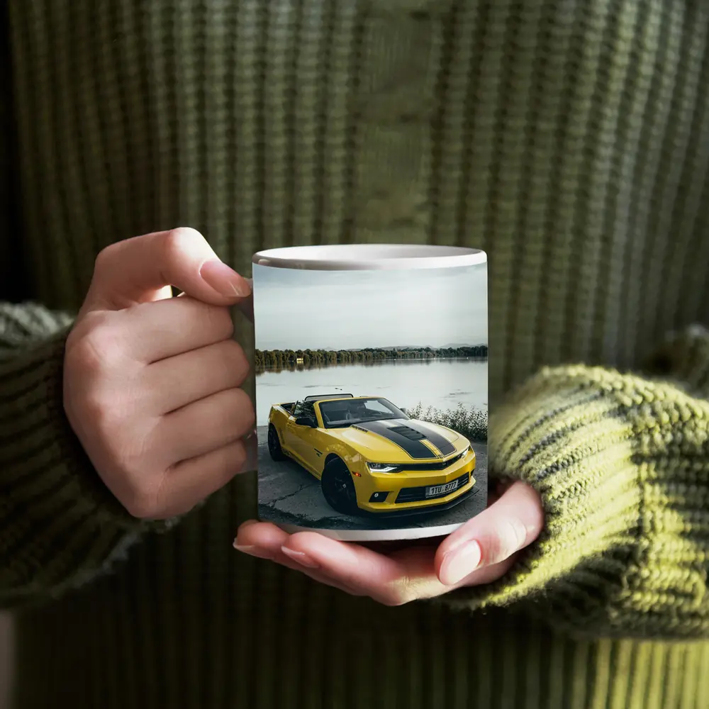 Yellow Chevrolet Camaro Convertible By Lake – Mugs