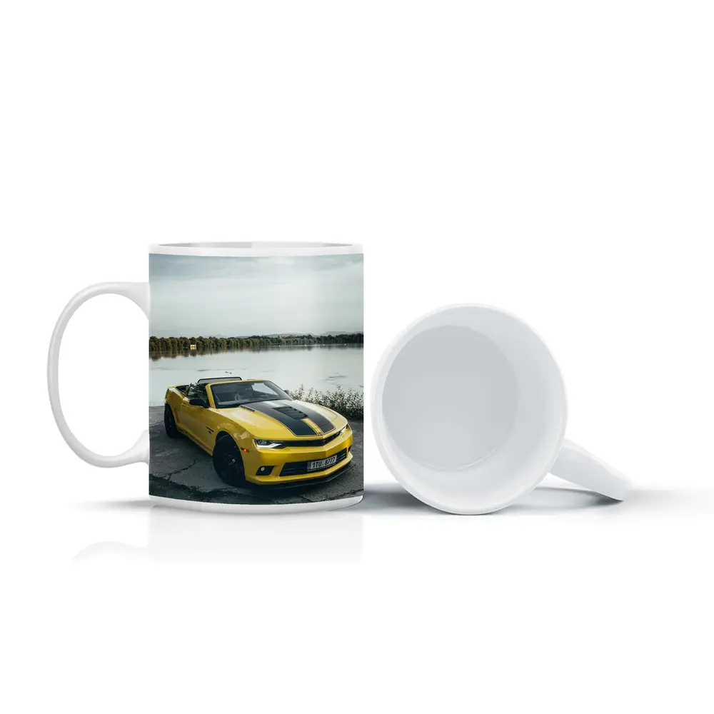 Yellow Chevrolet Camaro Convertible By Lake – Mugs