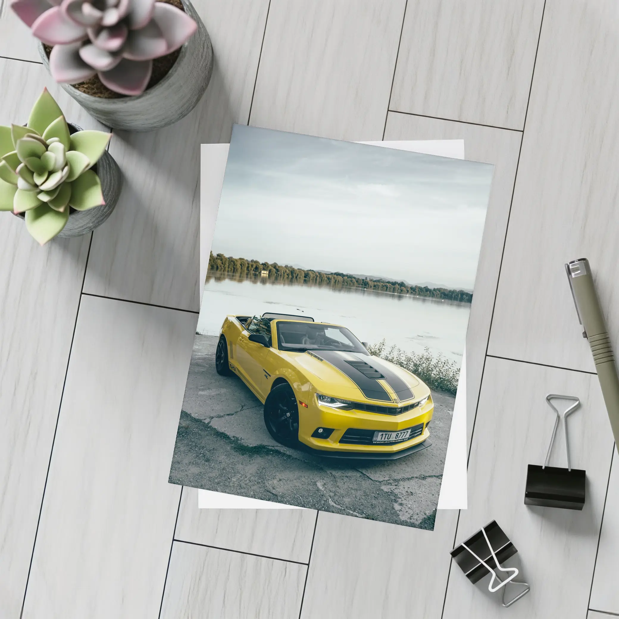 Yellow Chevrolet Camaro Convertible By Lake – Postcards