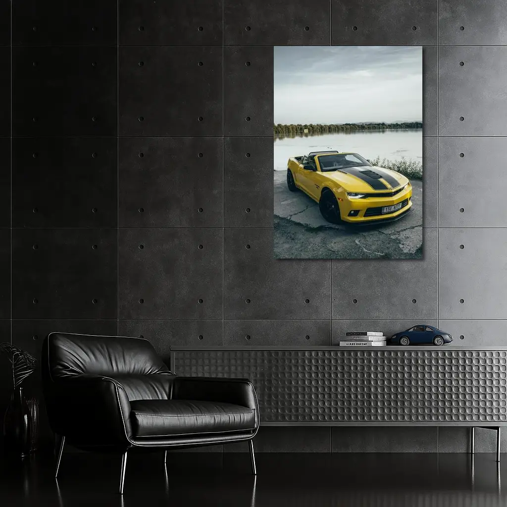 Yellow Chevrolet Camaro Convertible By Lake – Wall Art