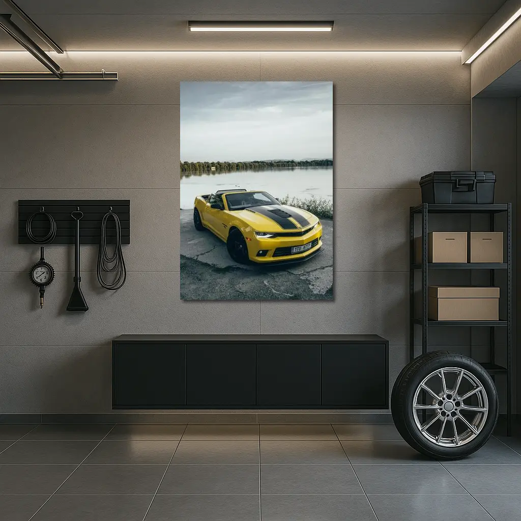 Yellow Chevrolet Camaro Convertible By Lake – Wall Art
