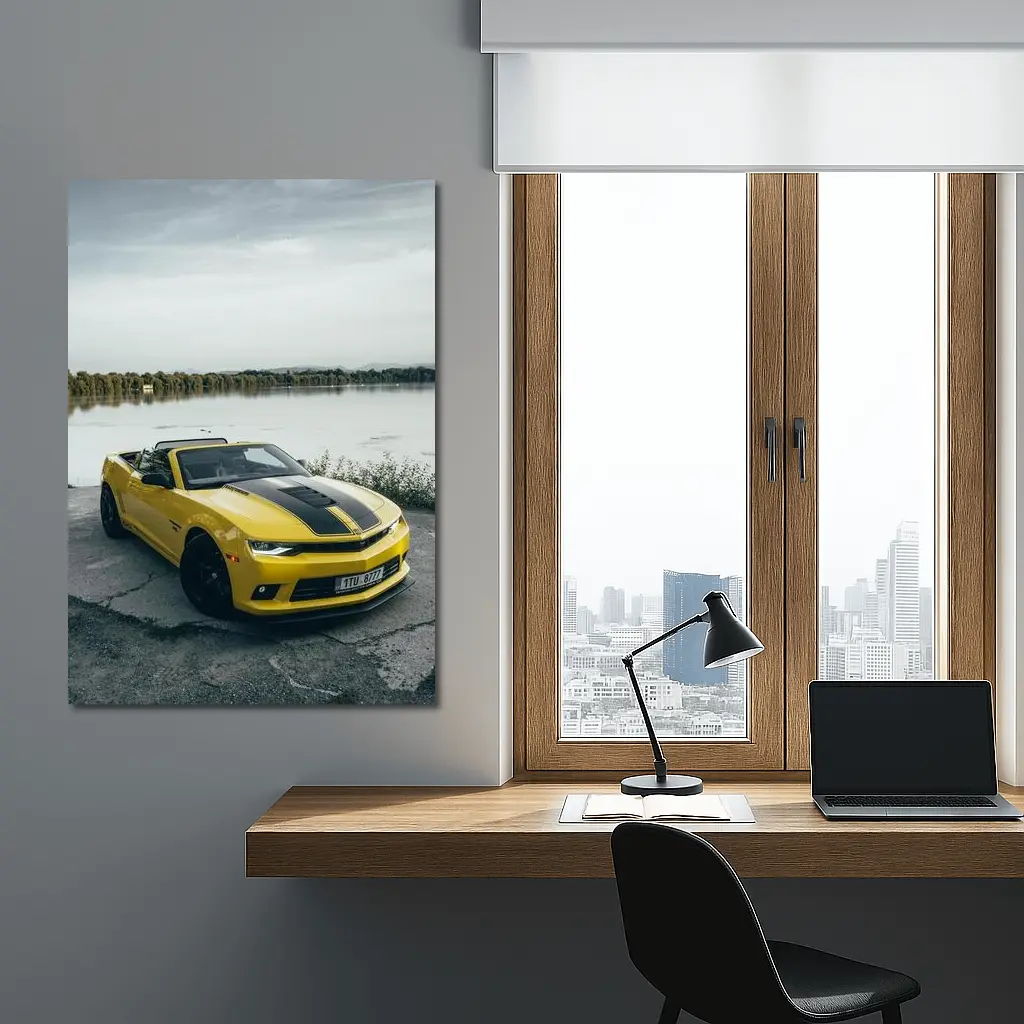 Yellow Chevrolet Camaro Convertible By Lake – Wall Art