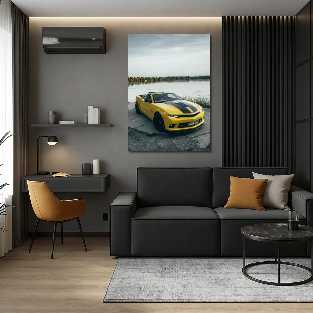 Yellow Chevrolet Camaro Convertible By Lake – Wall Art