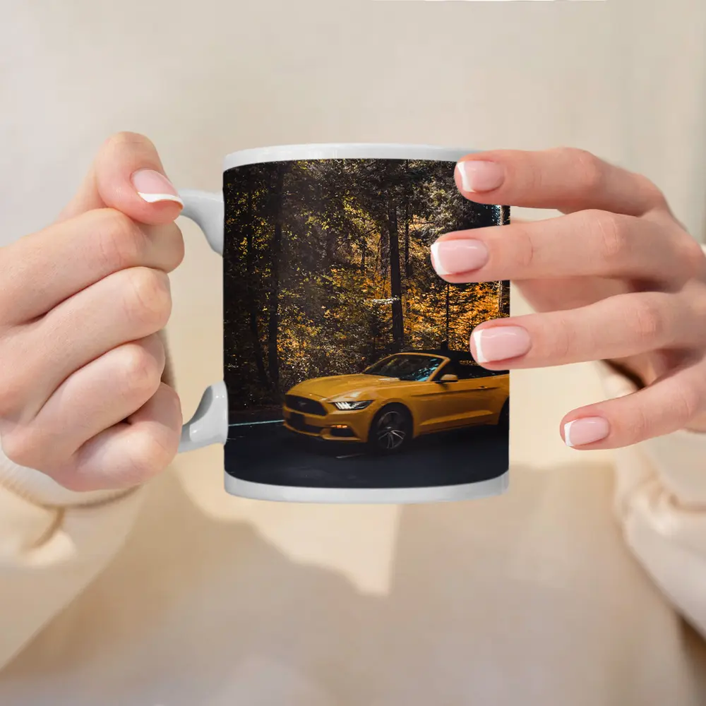 Yellow Ford Mustang Convertible Forest Road – Mugs