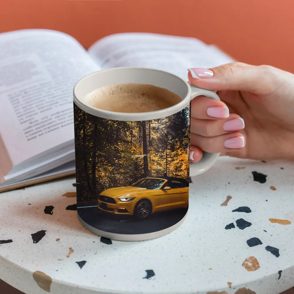 Yellow Ford Mustang Convertible Forest Road – Mugs