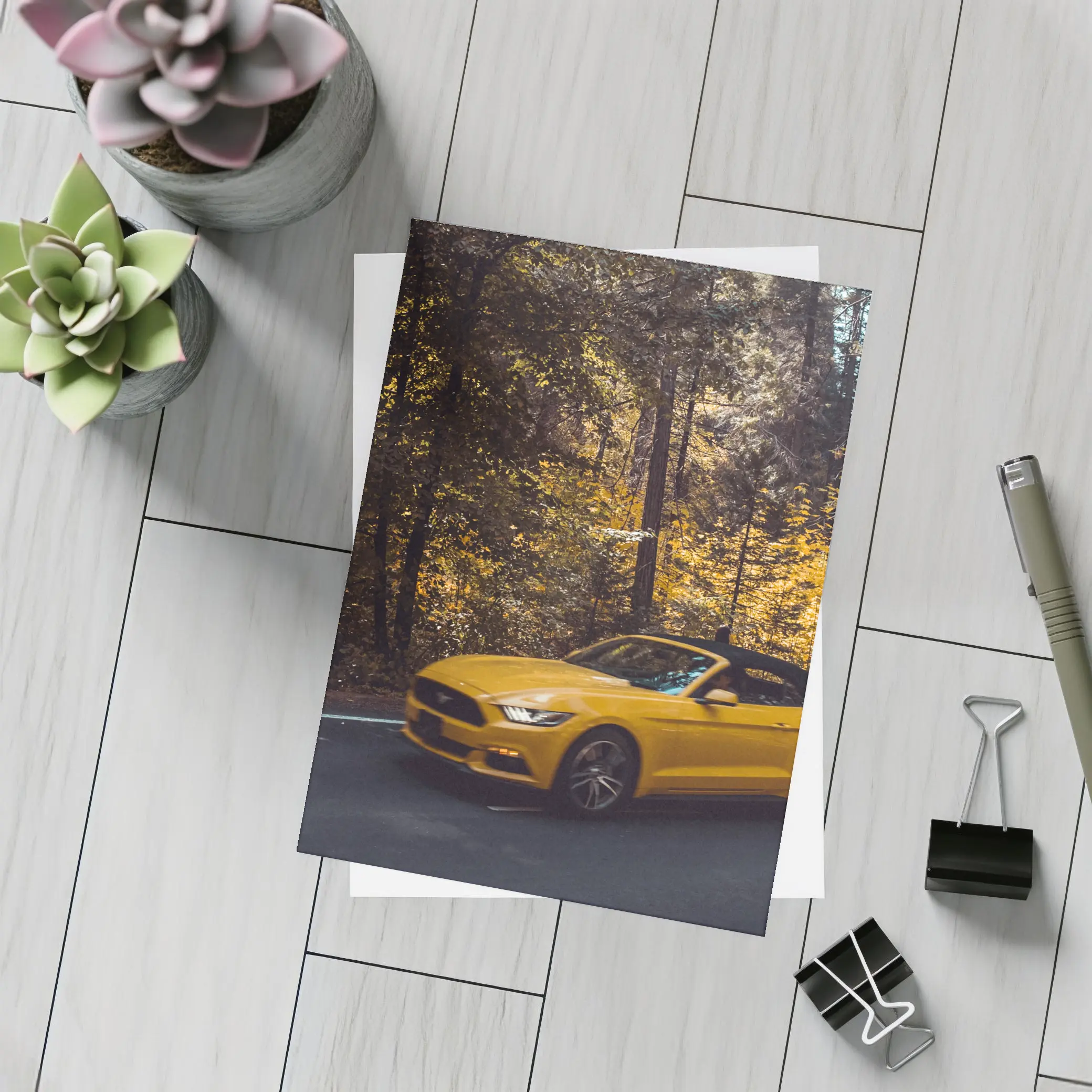 Yellow Ford Mustang Convertible Forest Road – Postcards