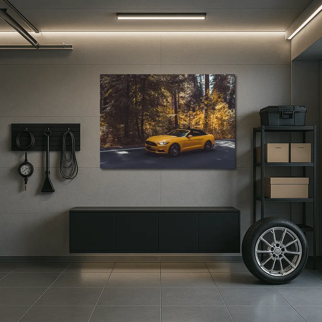 Yellow Ford Mustang Convertible Forest Road – Wall Art