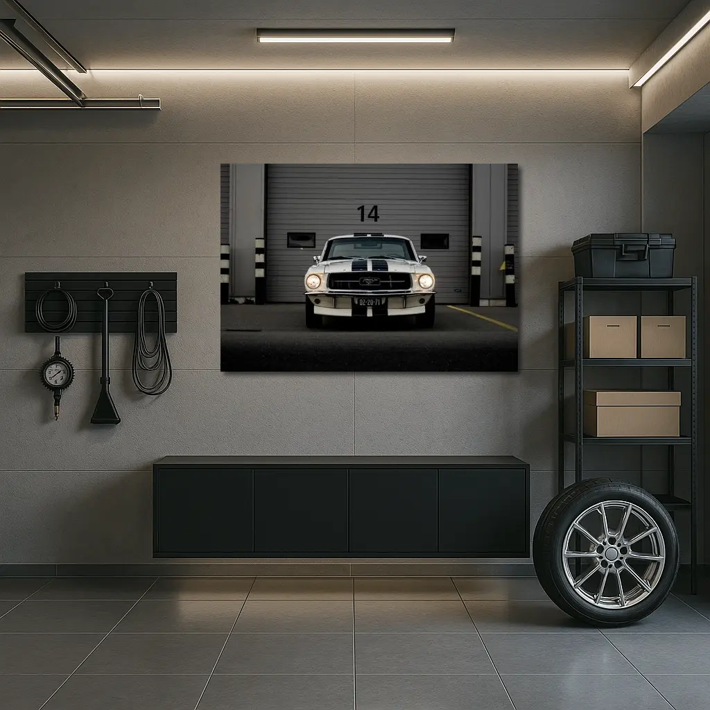 Ford Mustang Classic White Racing Stripes Garage – Wall Art