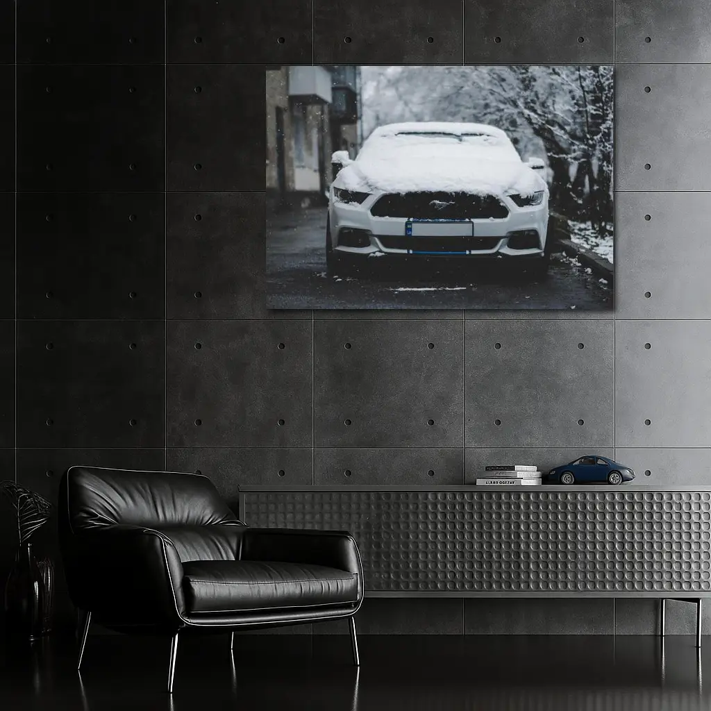 Ford Mustang White Snow Winter Street – Wall Art